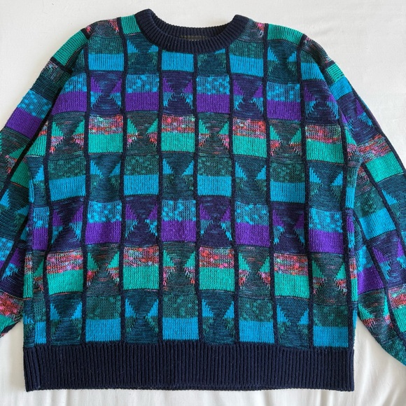 Vintage 80s Men’s Multicolored Patchwork Sweater - Picture 3 of 8